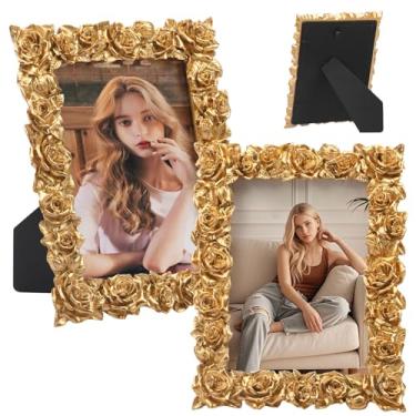 Imagem de YLMFTNU 2 porta-retratos vintage dourados, moldura antiga de 12,7 x 17,8 cm, moldura elegante de flores de resina com vidro frontal, exibição de fotos para pendurar na parede, enfeite de moldura