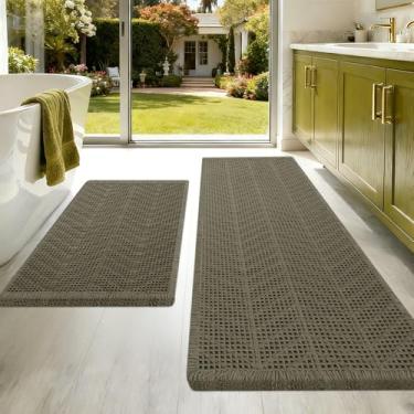 Imagem de Conjunto de tapetes de banheiro de waffle atualizados, 2 peças, verde-acinzentado, espinha de peixe, tapetes de banheiro super absorventes antiderrapantes de secagem rápida com borlas, tapetes de
