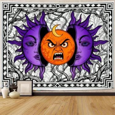 Imagem de FENDROM Tapeçaria hippe boho sol e lua, tapeçarias coloridas tripy, estética mística, sol ardente, lua, cobertor para pendurar na parede para quarto, sala de estar, dormitório
