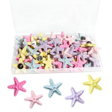 Imagem de 50 peças de pinos de estrela do mar, tachinhas decorativas coloridas, lindos pinos de pressão para quadro de avisos branco quadro de parede de cortiça mapa de quadros de cortiça