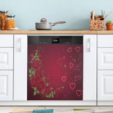 Imagem de ATTX Capa magnética para lava-louças Dia dos Namorados Roses | Adesivo decorativo de eletrodomésticos de 58 x 66 cm para armários domésticos e eletrodomésticos #365