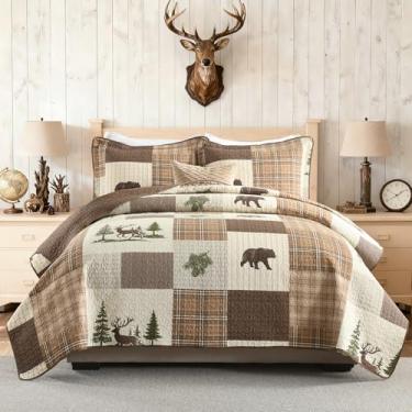 Imagem de FineStichery Conjunto de colcha Cabin King, 100% algodão, colcha acolchoada de casa de fazenda, edredom leve xadrez de urso veado, conjunto de cama reversível, 3 peças, marrom/bege/verde