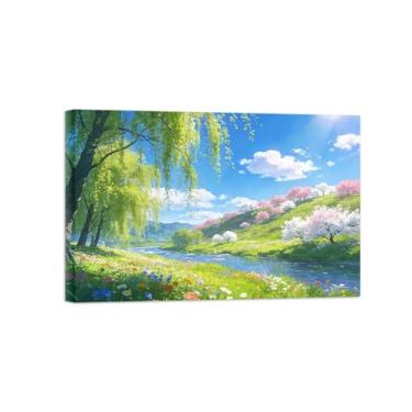 Imagem de BMZFYBS Impressão em tela de paisagem de arte de parede - flores de rio de árvore - quadros de pintura de decoração para sala de estar pronta para pendurar tela emoldurada 30x45cm12x18in
