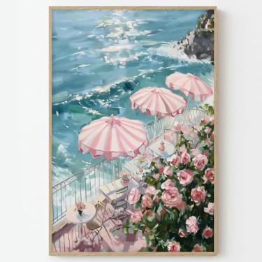 Imagem de Arte de parede em tela de guarda-chuva de praia, imagens de paisagem costeira, pintura de rosa rosa, arte de verão, pôsteres de oceano rosa e azul, estampas de praia, arte de parede, flor costeira