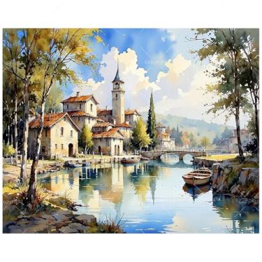 Imagem de Kit de pintura cênica por números para adultos – Vila DIY com barcos e pintura de torre em tela 40,6 x 50,8 cm, conjunto de tinta acrílica, adequado para iniciantes, arte idílica para decoração de
