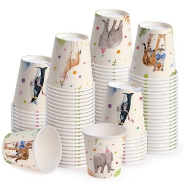Imagem de WRAPAHOLIC Copos de papel de 85 g – Pacote com 100 copos descartáveis de banheiro com design de girafa, pinguim, tigre e elefante, copo pequeno para enxaguante bucal para enxágue de escova de dentes