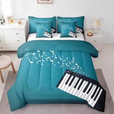 Imagem de Erosebridal Jogo de cama solteiro de 7 peças, com notas musicais, preto e branco, conjunto de cama com edredom de 7 peças, música pop