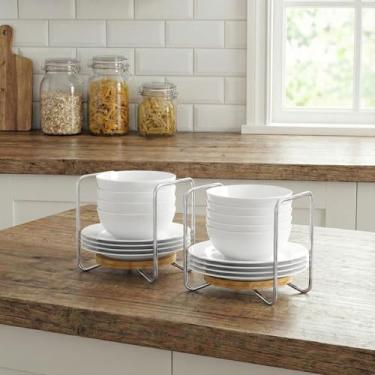 Imagem de APRTAT Escorredor de pratos de bambu ajustável - Escorredor de pratos de aço inoxidável 304 para cozinha | Essenciais de balcão para organização e secagem eficientes de pratos (natural, 2 x pequenos)