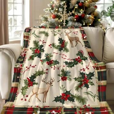 Imagem de Cobertor de flanela xadrez vintage de azevinho e rena, super macio, leve, para decoração de Natal, sofá-cama, sala de estar, todas as estações