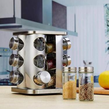 Imagem de Porta Tempero Giratório 12 Potes Vidro Condimentos Inox Frascos Recipi