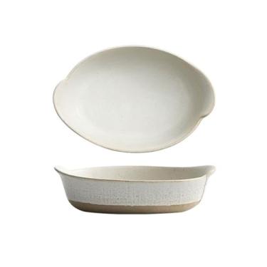 Imagem de Assadeira de cerâmica dupla orelha retrô queijo assado prato de arroz assado tigela de salada criativa prato de aprofundamento doméstico cerâmica áspera utensílios de mesa caçarola para forno (branco
