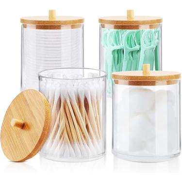 Imagem de Kit 4 Potes Porta Cotonetes em Acrílico Cristal com Tampa de Bambu, Organizador Multiuso para Algodão, Maquiagens e Elásticos