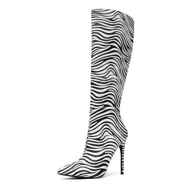 Imagem de NEWBELLA Botas femininas na altura do joelho - Botas de salto agulha com estampa de zebra para outono e inverno, Preto e branco, 38