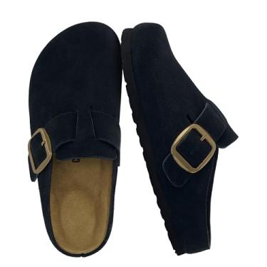 Imagem de CUSHIONAIRE Tamancos femininos de couro legítimo enferrujados, confortáveis, sem cadarço, com fivela ajustável e espuma viscoelástica macia, Preto, 35