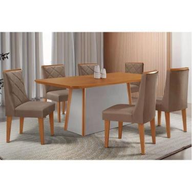 Imagem de Conjunto Sala de Jantar Tilia c/ Tampo Madeirado Canto Curvo 180x90cm e 6 Cadeiras Pietá Madeira Maciça Naturale/Off White - Capuccino/Suede Capuccino