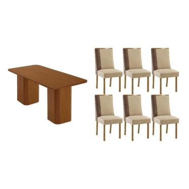 Imagem de Conjunto: Mesa Sala Jantar Maldivas Tampo Curvo 180cm+6 Cadeiras Tilia Madeira Naturale - Capuccino/Linho Bege - Rufato
