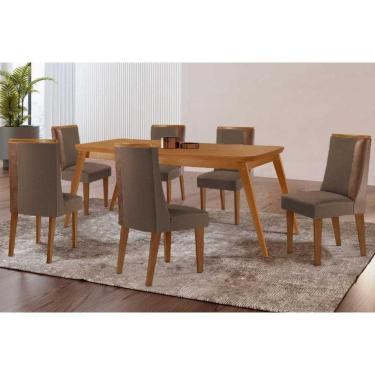 Imagem de Conjunto: Mesa Sala Jantar Havana Tampo Curvo 180cm+6 Cadeiras Tilia Madeira Naturale - Capuccino/Suede Marrom - Rufato