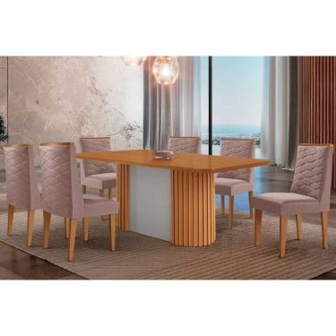 Imagem de Conjunto Sala de Jantar Pilar c/ Tampo Madeirado Canto Curvo 180x90cm e 6 Cadeiras Dafne Madeira Maciça Naturale/Off White - Capuccino/Linho Capuccino