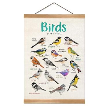 Imagem de ZTGDA Arte de parede vintage de pássaros – Pôster pendurado com moldura de madeira maciça, pôster de ilustração de pássaro em tela de linho, decoração de parede de pássaros para sala de estar, sala de