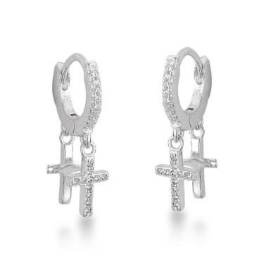 Imagem de Brinco Argola Click Com Duas Cruzes Prata 925 - 12mm