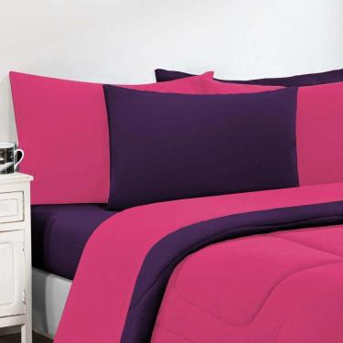 Imagem de Kit Edredom + Jogo De Lençol Malha 100% Algodão Gran Moratta 7 Peças Casal - Pink -roxo.
