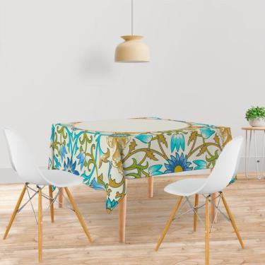 Imagem de Toalha De Mesa Quadrada Tecido Oxford Floral Azul Moldura Circular  - 