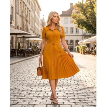 Imagem de Vestido Midi Rodado Godê Evangélico Plissado Modelador Modesto com Cin