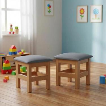 Imagem de Kit 2 Banquinhos Estofados Infantil em Madeira Maciça - Repleta, Nogue
