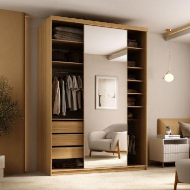 Imagem de Guarda-roupa Solteiro 100% Mdf 139,5cm com 1 Porta Espelho 3 Gavetas Closet Essen Nogueira