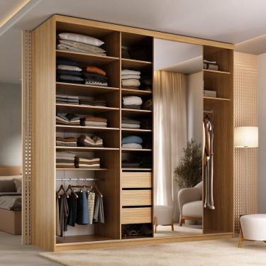 Imagem de Guarda-roupas Casal 100% Mdf 208,5cm com 1 Porta Espelho 3 Gavetas Closet Essen Nogueira
