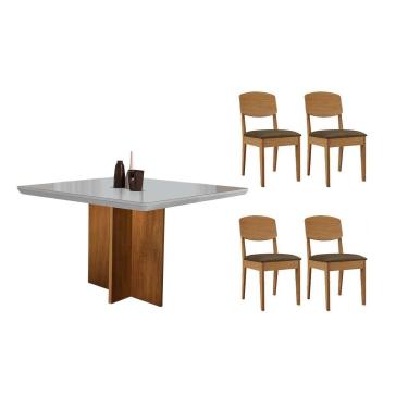 Imagem de Conjunto: Mesa Sala Jantar Berlim Curvo 90cm + 4 Cadeiras Havana Naturale/Off White - Suede Marrom - Rufato