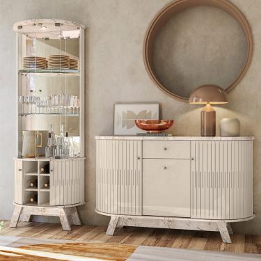 Imagem de Cristaleira de Vidro Ravion e Balcão Aparador Buffet Sala Wylan Calacata/Off White M20 - D'Rossi