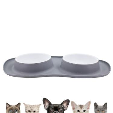 Imagem de Comedor Pote Para Ração Agua Tigela Duplo Cachorro Gato Silicone Cinza