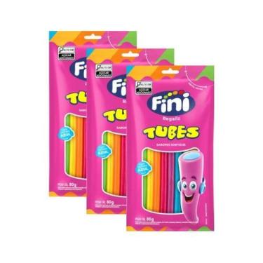 Imagem de Kit 3 Fini Regaliz Tubes Arco-iris Sabores Sortidos Com Recheio Azul 8