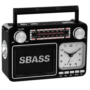 Imagem de Rádio Portátil Recarregável Bluetooth Sbass Com Relógio, Usb, Tf E Am-fm Cor:preto