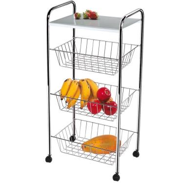 Imagem de Fruteira Legumeira De Chão Aço Cromado 3 Cestos Com Rodinhas
