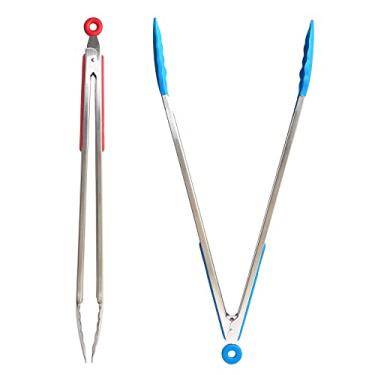 Imagem de UPTALY Pinças de grelha extra longas de 45 cm (1 peça vermelha, 1 peça azul), pinças de churrasco de aço inoxidável com alça longa, pegador de comida de tamanho grande, pegador de bife, pegador de servir estendido