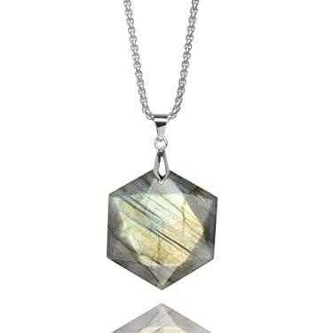 Imagem de Colar com pingente de coração de dragões de pedra labradorita, colar hexagonal de labradorita natural para homens e mulheres, colar de energia de cristal de cura