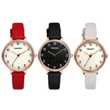 Imagem de Relógios para mulheres e meninas simples de quartzo analógico com números arábicos, mostrador grande, relógio de pulso confortável com pulseira de couro, Pacote com 3