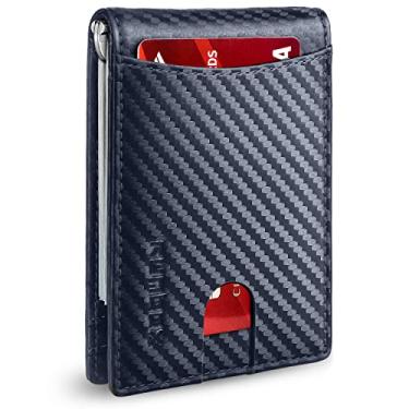 Imagem de Carteira masculina fina de couro genuíno com bloqueio de RFID, dobrável, bolso frontal minimalista, carteira masculina com clipe para dinheiro, caixa de presente fina, Azul-carbono - 6 compartimentos