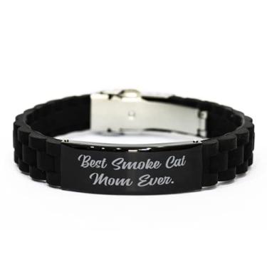 Imagem de SpreadPassion Best Smoke Cat Mom Ever Bracelete com fecho Glidelock preto, pulseira gravada com gato fumê, presentes de piada para gato fumê