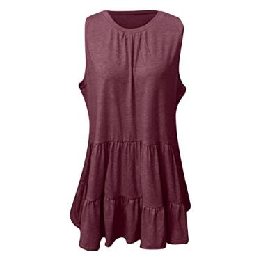 Imagem de Camiseta feminina sem mangas, camisetas regatas camisetas sólidas casuais soltas pulôver gola redonda plissada verão, roxo, G (busto: 106 cm)
