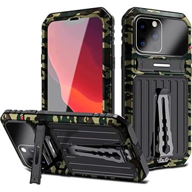 Imagem de AKNAR Capa de metal compatível com iPhone 14 Pro Max com película protetora de tela de alumínio de grau militar, resistente, à prova de poeira, capa robusta com protetor de lente de câmera e suporte (iPhone 14 Pro Max, camuflagem)