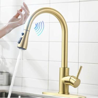 Imagem de Torneiras de cozinha com sensor de níquel, escova de puxar, aço inoxidável, indução inteligente, torneira mista, controle de toque, pia, 1068, ouro escovado, china