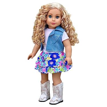 Imagem de Feeling Happy – saia de 4 peças, camiseta branca, colete jeans azul e botas brancas de vaqueira – roupas de boneca de 45,72 cm (boneca não incluída)