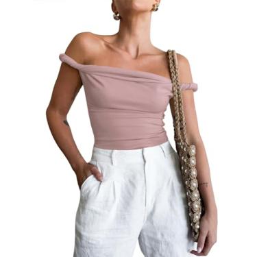 Imagem de Tankaneo Camiseta regata feminina com ombros de fora, sem mangas, caimento justo, elástica, Y2K, rosa, P