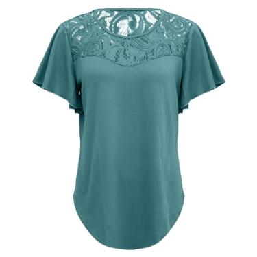 Imagem de New Summer Women's Clothing Camiseta feminina cor sólida malha emenda babados manga curta grande camiseta feminina, Azul, P