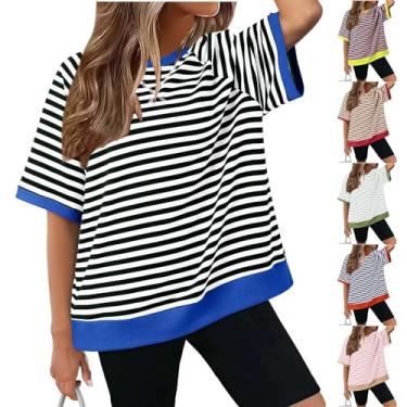Imagem de Camisetas femininas listradas para o verão, casual, manga curta, gola redonda, túnica básica, leve, moderna, Azul, M