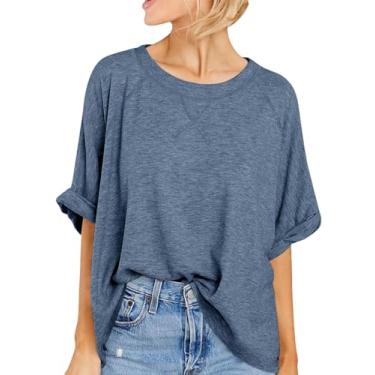 Imagem de Langwyqu Camisetas femininas grandes casuais de verão, manga curta, caimento solto, túnica, C-azul cinza, GG