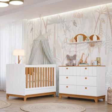 Imagem de Quarto de Bebê Berço Mini Cama e Cômoda 6 gavetas Liza Permobili - Branco/Nature